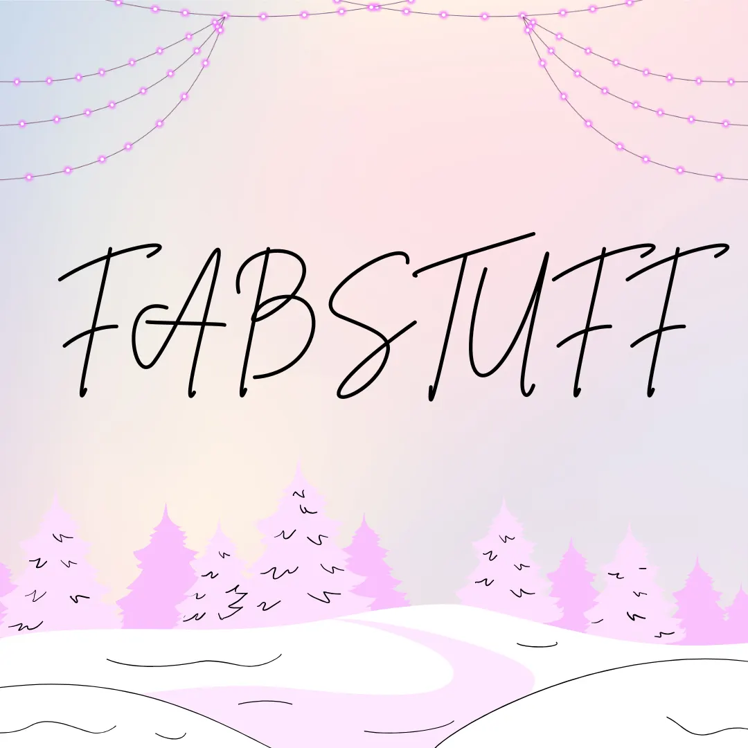 Festive winter scene with "FAB STUFF" text, pink string lights, decorated trees, and snow.